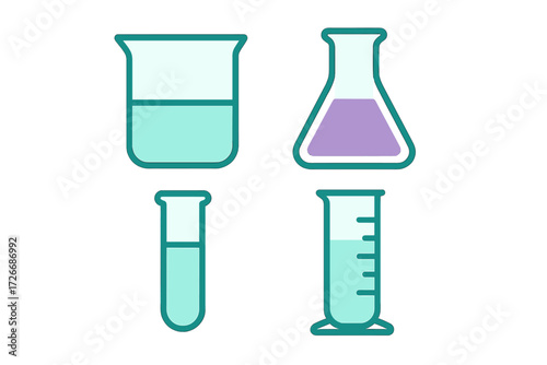 Scientific laboratory glassware set with beaker, flask, test tube, and graduated cylinder filled with colorful liquids