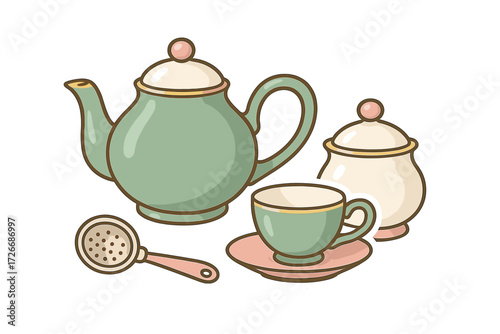 Elegant pastel colored tea set with teapot, teacup, sugar bowl, and tea strainer for hot beverage service