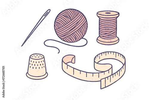 Assortment of essential sewing tools and craft supplies including needle, yarn, thread, thimble, and measuring tape for tailoring and handmade projects
