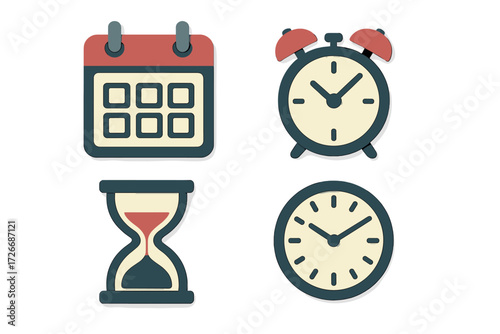 Collection of time and date icons including calendar, alarm clock, wall clock, and hourglass for scheduling and deadlines