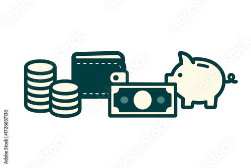 Financial savings concept with piggy bank, wallet, coins, and banknote representing money management and wealth accumulation