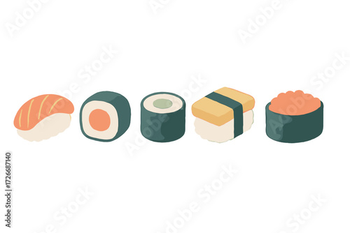 Assortment of fresh Japanese sushi rolls and nigiri with salmon, roe, and tamago on a white background