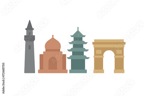 Iconic global architectural landmarks representing diverse cultures and historical periods from around the world