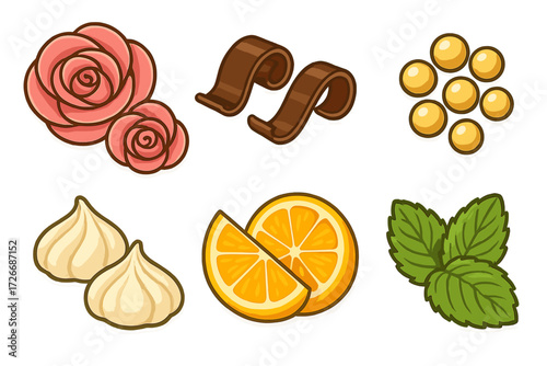 Collection of sweet dessert garnishes and fresh flavorings including roses chocolate curls orange slices mint leaves and meringue swirls