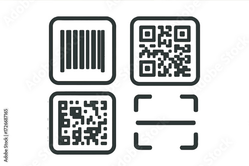 Set of modern barcode and QR code icons with scanner frame for digital identification, product tracking, and data access