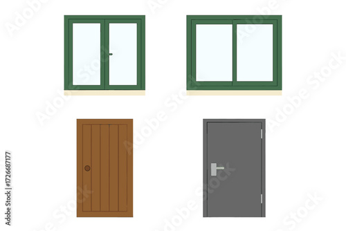 Variety of house windows and entrance doors in different colors and materials for architectural design
