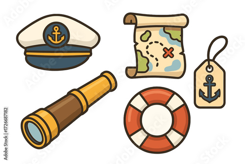 Collection of nautical adventure items including captain's hat, spyglass, treasure map, lifebuoy, and anchor tag