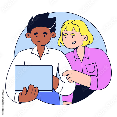 Young man and woman looking at laptop together