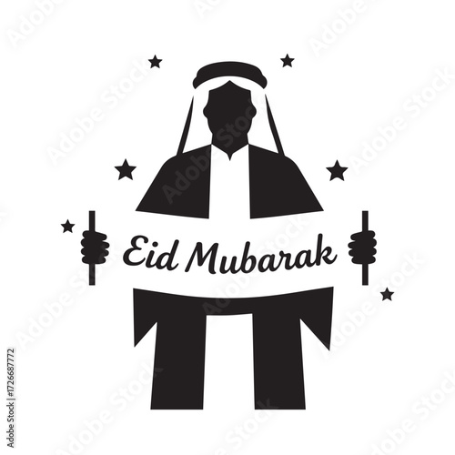 Silhouette Person Holding Eid Mubarak Banner with Crescents and Stars.