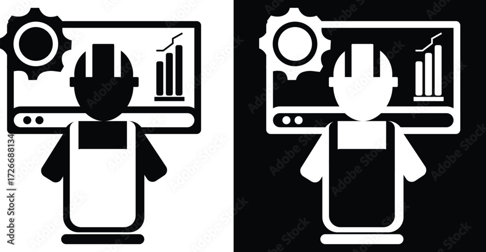 Fototapeta premium Construction worker with gear and chart icon.