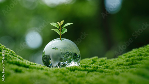 Wallpaper Mural Sustainable Environmental Development concept, Eco-friendly ESG conservation care, Green business, Small tree on Crystal globe glass in green forest to protect nature. Earth clean and ecology. Torontodigital.ca
