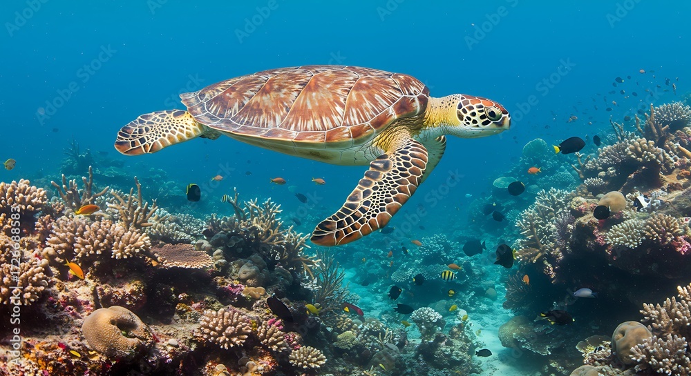 Obraz premium Sea turtle swimming over coral reef