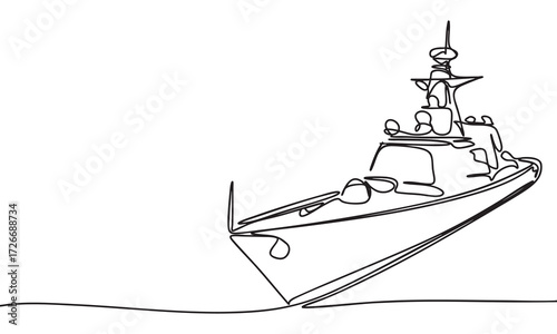 Line art illustration of a naval warship, a detailed one-line drawing.