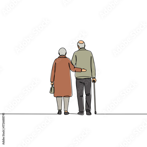 Elderly couple walking together, supporting each other on a path  