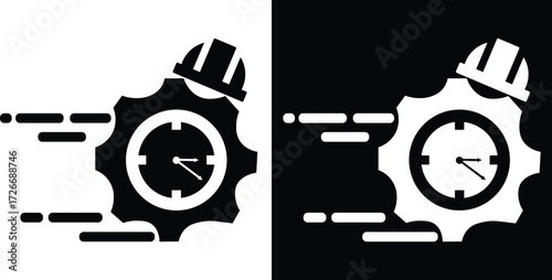 Icon of a gear with a clock face and hard hat, symbolizing time management in industry.
