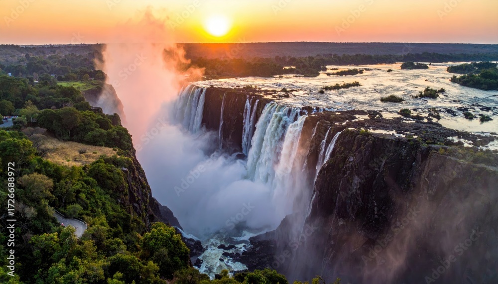 Fototapeta premium Sunrise over Victoria Falls. Lush landscape, powerful waterfall, golden sunrise