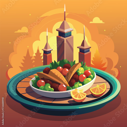 Colorful illustration of a meal with architectural background