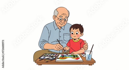 International Day of Older Persons : Grandfather drawing with his grandchildren