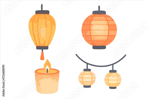 Traditional Asian lanterns and a glowing candle for festive cultural celebrations and decorative elements
