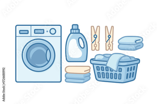 Laundry day essentials with washing machine, detergent, and clothes basket