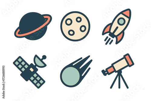 A diverse collection of cosmic objects and space exploration tools, perfect for astronomy and science concepts, featuring planets, rockets, and telescopes