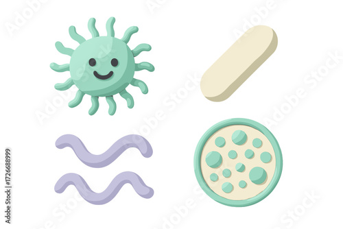 Stylized microbe, capsule, and petri dish with wavy lines for health and science concepts, representing medical research and biological studies
