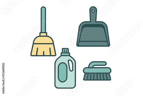 Everyday household cleaning tools set featuring a broom, dustpan, scrub brush, and a bottle of liquid detergent for home maintenance