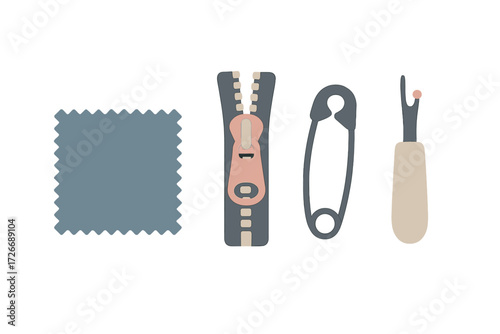 Collection of essential sewing notions including fabric swatch, open zipper, safety pin, and seam ripper on a white background