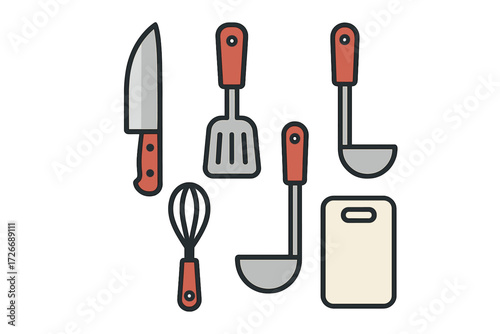 Assortment of essential kitchen tools and cooking utensils including knife, spatula, whisk, ladles, and cutting board for culinary tasks