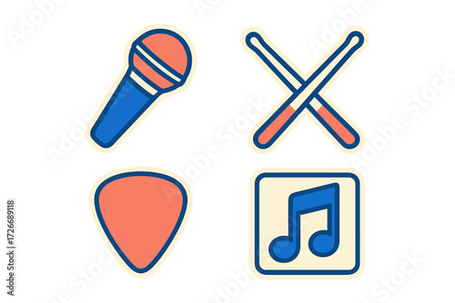 Music equipment symbols set featuring microphone, drumsticks, guitar pick, and musical note for audio and entertainment