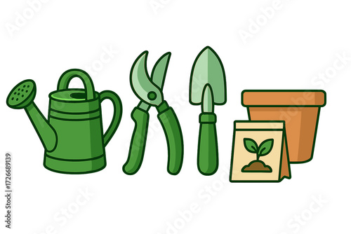 Essential gardening tools and supplies including watering can, shears, trowel, pot, and seeds for home garden activities