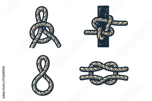 Collection of traditional rope knots and ties, essential for maritime activities, climbing, and various general utility purposes, showcasing secure fastening techniques