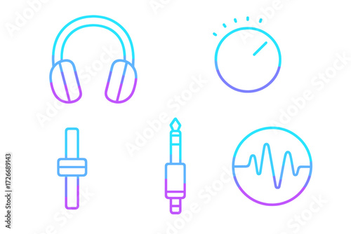 Modern gradient line icons representing audio equipment, sound control, music production, and digital sound interfaces for web and app design