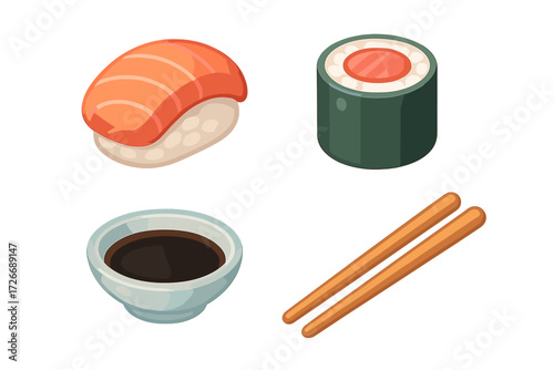 Traditional Japanese food collection with salmon nigiri, maki roll, soy sauce, and wooden chopsticks