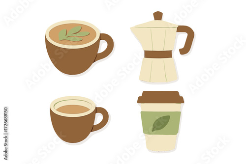 Paper cut style coffee and tea drink icons including a moka pot, a latte cup, a plain cup, and a disposable cup