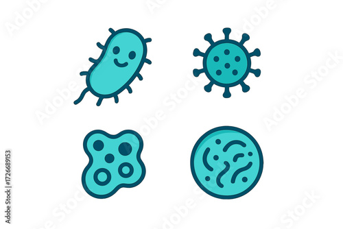 Stylized icons representing different types of microorganisms such as bacteria, viruses, and amoebas