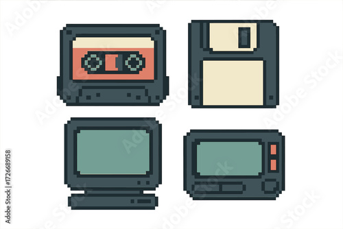 Classic digital style collection of vintage electronic devices including audio cassette, floppy disk, monitor, and pager