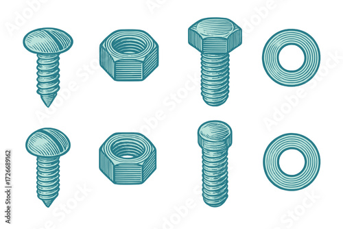 Collection of various industrial hardware components such as threaded screws, hexagonal nuts, and flat washers essential for construction and mechanical assembly