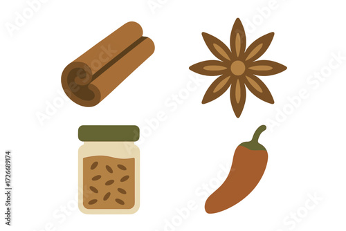 Assortment of aromatic culinary spices including cinnamon sticks, star anise pods, red chili peppers, and various seeds