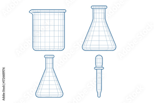 Scientific laboratory glassware set featuring beaker, two Erlenmeyer flasks, and a dropper in a detailed wireframe style