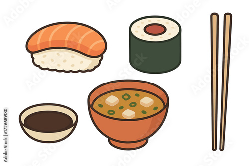 Assortment of popular Japanese cuisine items including sushi, maki, miso soup, soy sauce, and chopsticks