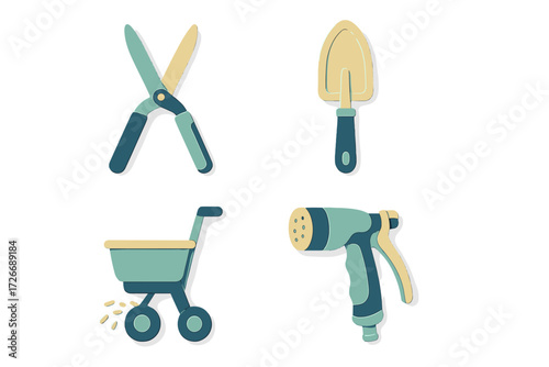 Collection of essential gardening equipment including pruning shears, hand trowel, seed spreader, and hose spray nozzle for various outdoor tasks