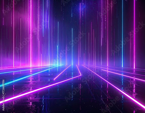 Neon light paths, dark futuristic space
