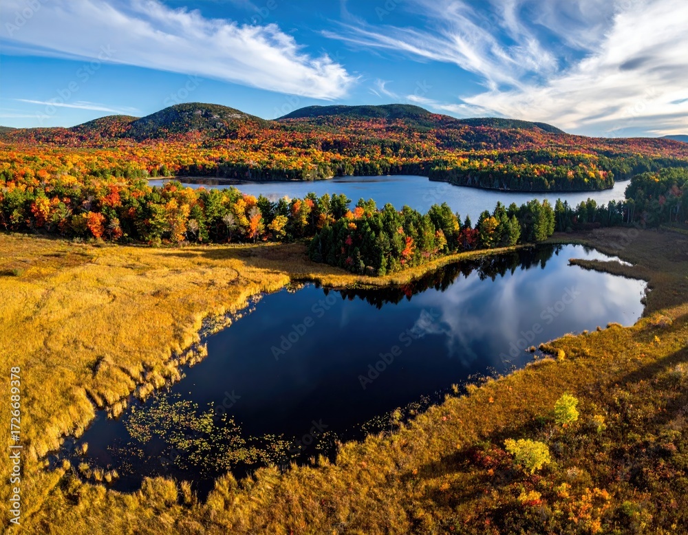 Fototapeta premium Autumnal lake vista, aerial view