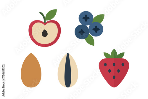 Colorful assortment of healthy fruits and nuts such as apple, blueberries, strawberry, almond, and sunflower seed