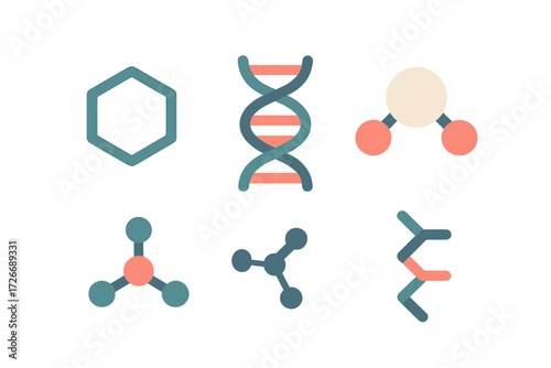 Modern scientific symbols depicting DNA strands, chemical bonds, and molecular structures for biology and chemistry concepts