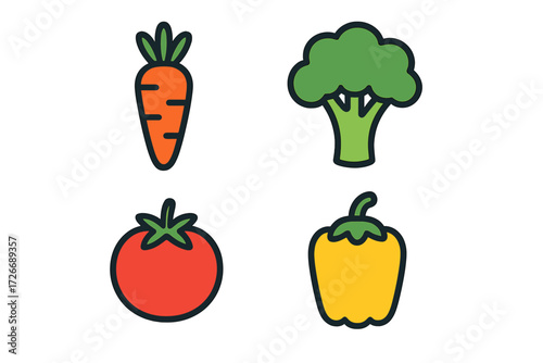 Assortment of fresh healthy vegetables including carrot broccoli tomato and yellow bell pepper icons for food and diet concepts