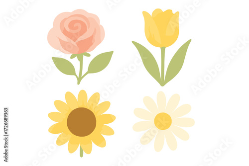 Collection of delicate spring and summer flowers in a soft watercolor style including rose tulip sunflower daisy