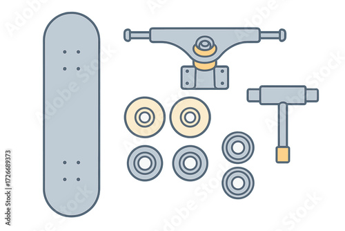Skateboard components set with deck, trucks, wheels, bearings, and T-tool for assembly and maintenance