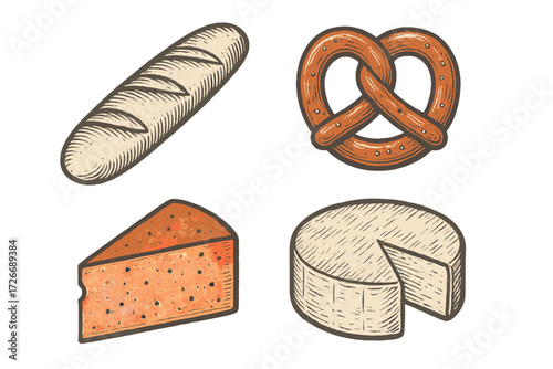 Classic European food items assortment with baguette, pretzel, and various cheese varieties, traditional bakery and dairy products for a rustic meal or snack